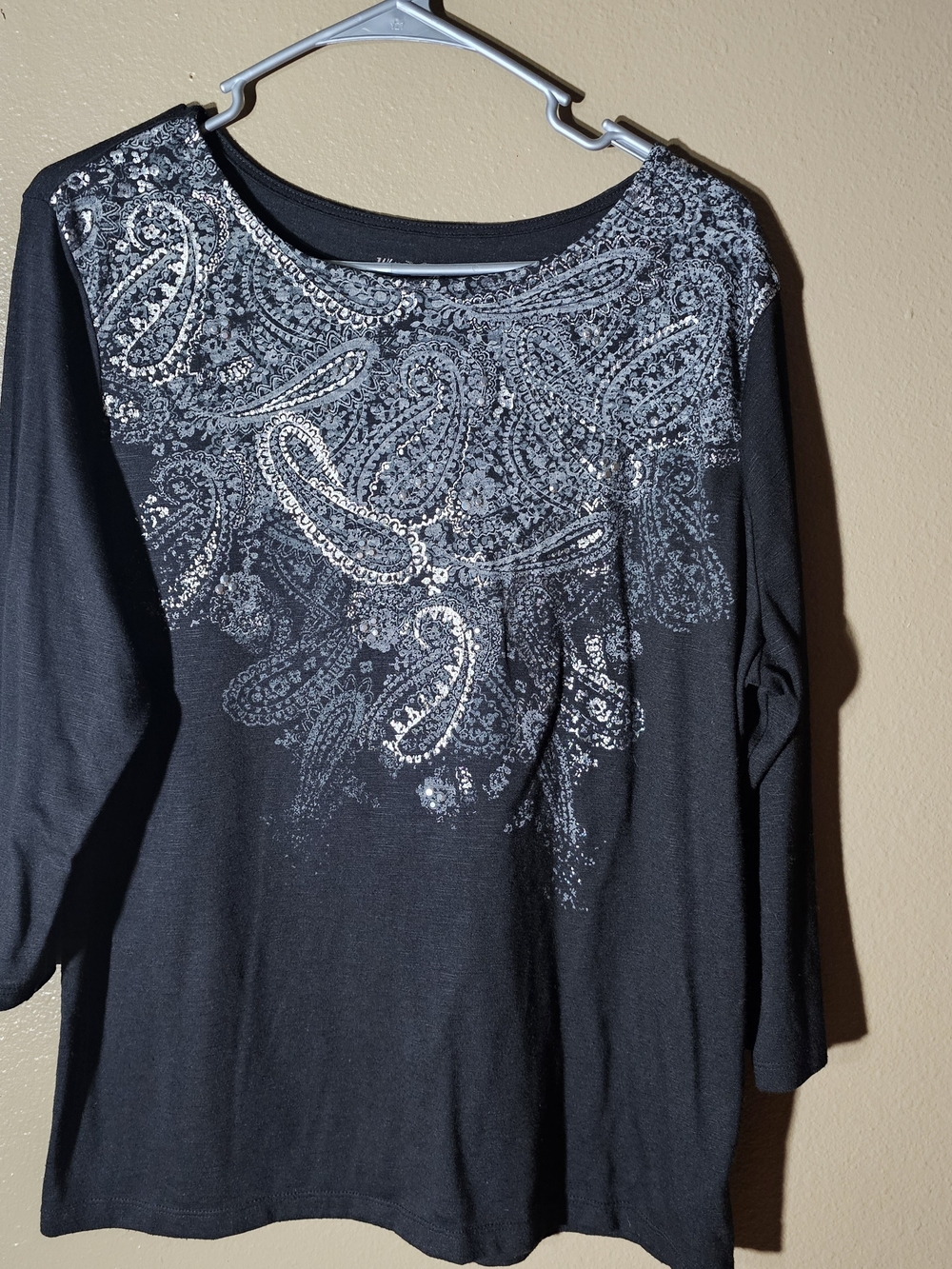 White Stag Black Long Sleeve Top with Silver Paisley Embellishment